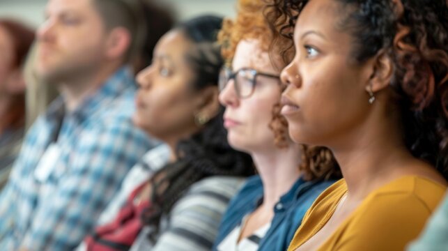 Closeup of a group of employees attending a mandatory mental health training session. The policy requires all employees to go through regular training to increase their understanding .