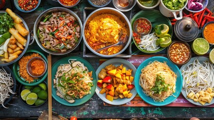 colorful spread of Thai street food, including pad Thai, som tum, and mango sticky rice, showcasing the diversity of Thai cuisine. - obrazy, fototapety, plakaty