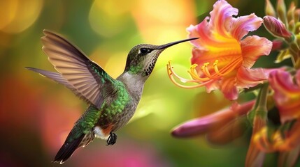 Close-up of a hummingbird hovering near a vibrant flower, sipping nectar with its slender beak