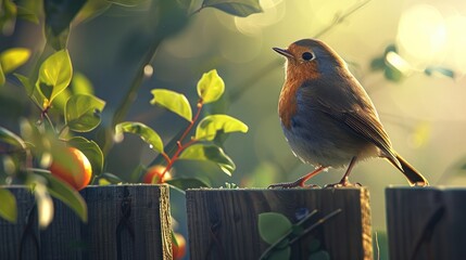 charming robin with a bright red breast perched on a garden fence, singing its melodious song