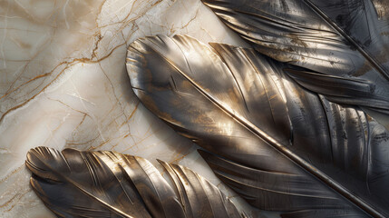 Elegant Feather Abstract Art on Marble Texture Digital Illustration