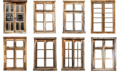 Variety of Classic Wooden Window Frames on White Background