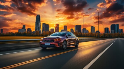 car on the highway with cityscape in the background at sunset. - obrazy, fototapety, plakaty