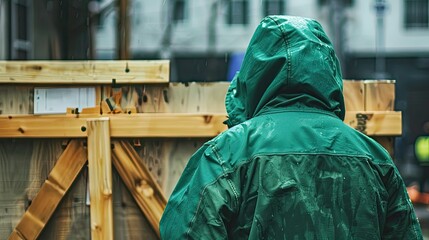 A builder clad in a vibrant green jacket with a hood pulls along a sturdy wooden formwork shield - obrazy, fototapety, plakaty