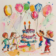 Birthday party with a big cake, balloons, children dancing and playing, child’s drawing style, cheerful colors, simple and imaginative details - obrazy, fototapety, plakaty