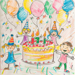 Birthday party with a big cake, balloons, children dancing and playing, child’s drawing style, cheerful colors, simple and imaginative details - obrazy, fototapety, plakaty