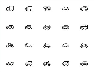 Vehicle icons. Set of vehicle icons. Vehicle icons pack. Simple line style vehicle icons. Isolated on white background.	
