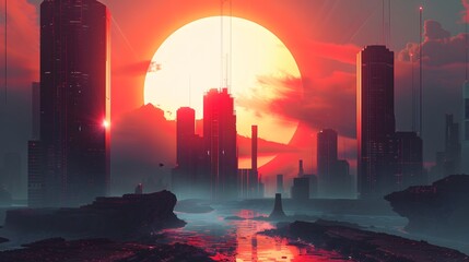 Futuristic digital render with surreal cyber landscape and big sun.
