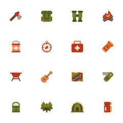 Camping icons. Set of camping icons. Camping icons pack. Simple flat color style camping icons.