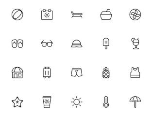Summer icons. Set of summer icons. Summer icons pack. Simple line style summer icons. 
