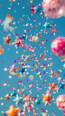 Colorful balloons and confetti on blue background.