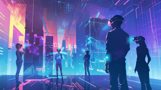 A marketing team brainstorming in a virtual reality workspace, with avatars in a futuristic city, in a science fiction style.