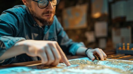 A curious scientist studying a topographical map of uncharted land while pointing to key data points on the graph eager to uncover hidden information. .