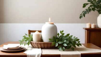 Obraz na płótnie Canvas Minimal Scandinavian contemporary wooden table. Wicker, candles, vase, 