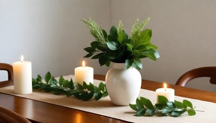 Fototapeta na wymiar Minimal Scandinavian contemporary wooden table. Wicker, candles, vase, 