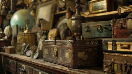 Fototapeta na wymiar Soft and blurred the backdrop reveals a collection of antique artifacts and relics hinting at a hidden historical haven waiting to be explored. .
