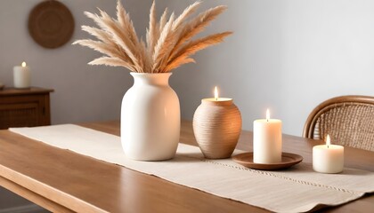 Fototapeta na wymiar Minimal Scandinavian contemporary wooden table. Wicker, candles, vase, 