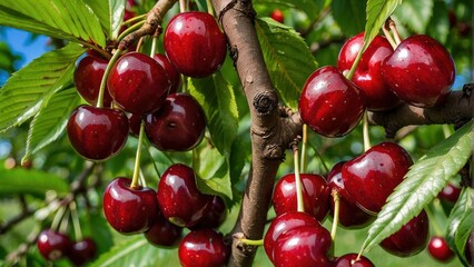 Ripe cherries hanging on a tree