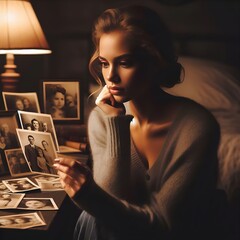 A young woman is drawing memories while looking at pictures in warm indoor lighting. It is beautiful to be immersed in thoughts. - obrazy, fototapety, plakaty