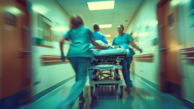 A team of nurses rushing a patient on a gurney through a hospital corridor showing the intense urgency and determination in their lifesaving efforts. .