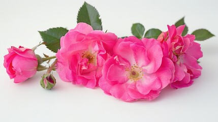 A beautiful close up shot featuring vibrant pink roses set against a clean white backdrop