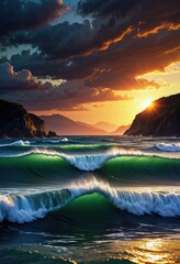 Dramatic evening sea ocean water waves