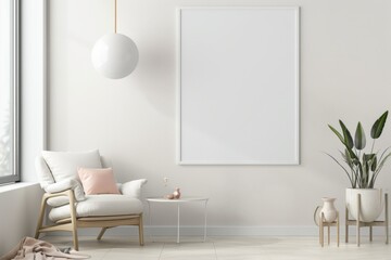 Fototapeta premium Scandinavian style living room with poster mockup created with generative ai