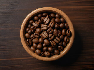 Top view of wooden bowl filled with coffee beans