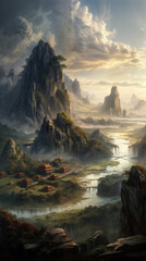Fantasy landscape with foggy river and karst mountains