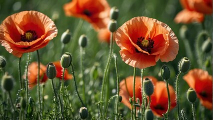 Fototapeta premium Vibrant red poppies blooming in sunny field
