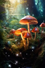 Fantasy forest scene with fly agaric mushrooms