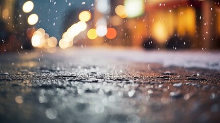 Raindrops on the asphalt in the city. Blurred background.
