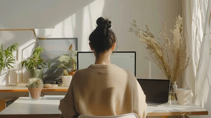 A professional coach in a serene, minimalist setting, conducting a coaching session via video, styled as Zen-like simplicity.