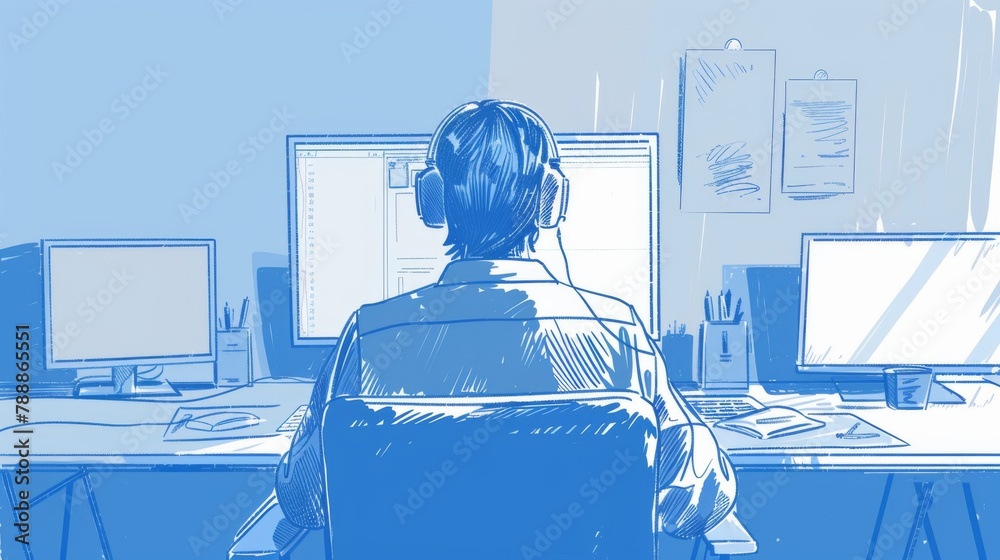 Poster a project manager orchestrating remote logistics from a tidy desk with multiple digital devices, in 