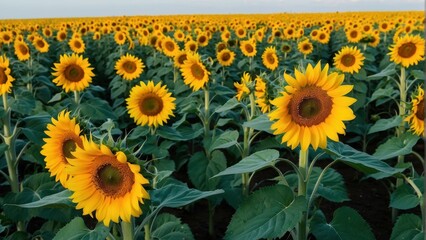 Field of bright sunflowers on a sunny day