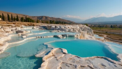Fototapeta premium Pamukkales terraces with tranquil turquoise waters