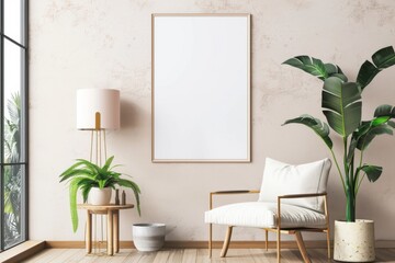 Scandinavian style living room with poster mockup created with generative ai