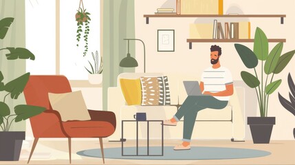 Fototapeta premium A psychologist in a calm, welcoming home office, conducting therapy sessions online, styled as soothing pastels.