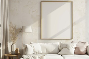 Scandinavian style living room with poster mockup created with generative ai