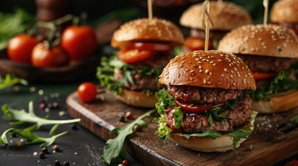 Burger sliders on skewers featuring juicy meat patties crisp lettuce and sesame seed buns topped with a sprinkle of cherry tomato slices elegantly displayed on a serving platter