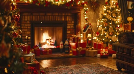 Defocused fire crackling in the fireplace casting a warm glow on the richly decorated living room filled with presents and ling Christmas village displays creating a cozy and nostalgic .
