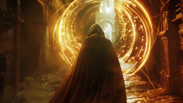 Shadowy figure draped in eerie robes stands within a blazing circular inferno, akin to a gatekeeper guarding a portal to another dimension. 