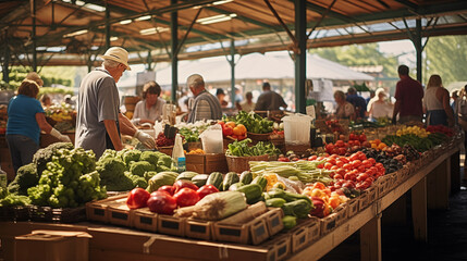 A farmer's market bustling with activity, vendors proudly displaying fresh produce and homemade goods, copy space