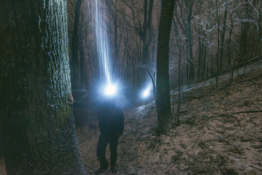 Two men with headlamps walk along a trail in an old growth forest at night during a snowstorm, Blowing Rock, North Carolina