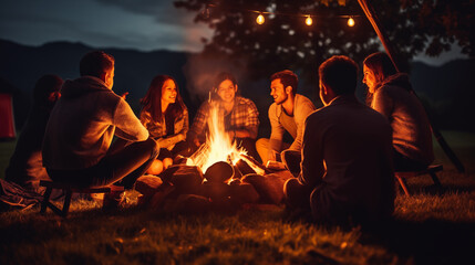 A group of friends gathering around a bonfire on a chilly evening, sharing stories and laughter under the stars, copy space - obrazy, fototapety, plakaty