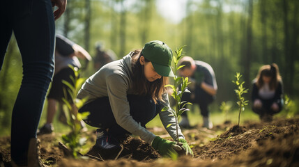 A group of volunteers planting trees in a reforestation project, hopeful for a greener future, copy space - obrazy, fototapety, plakaty