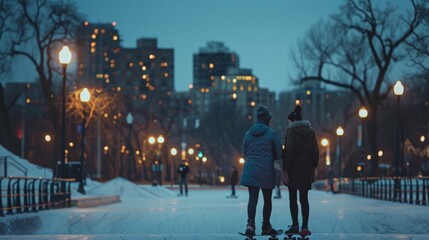 The faint glow of warm streetlamps and distant city lights casting a romantic haze over the late evening skaters in the park. . - obrazy, fototapety, plakaty
