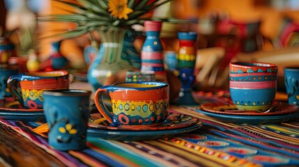 Fototapeta na wymiar Vibrant and colorful pottery adorns a festive table capturing a close up view of the lively fiesta setting