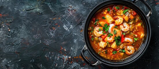 A top-down view of a pot containing traditional Creole cajun court bouillon with fish and seafood gumbo chowder stew, with empty space available on the right for text.
