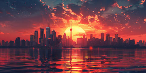 A city skyline against a sunset backdrop, reflecting on the water's surface for a captivating view.